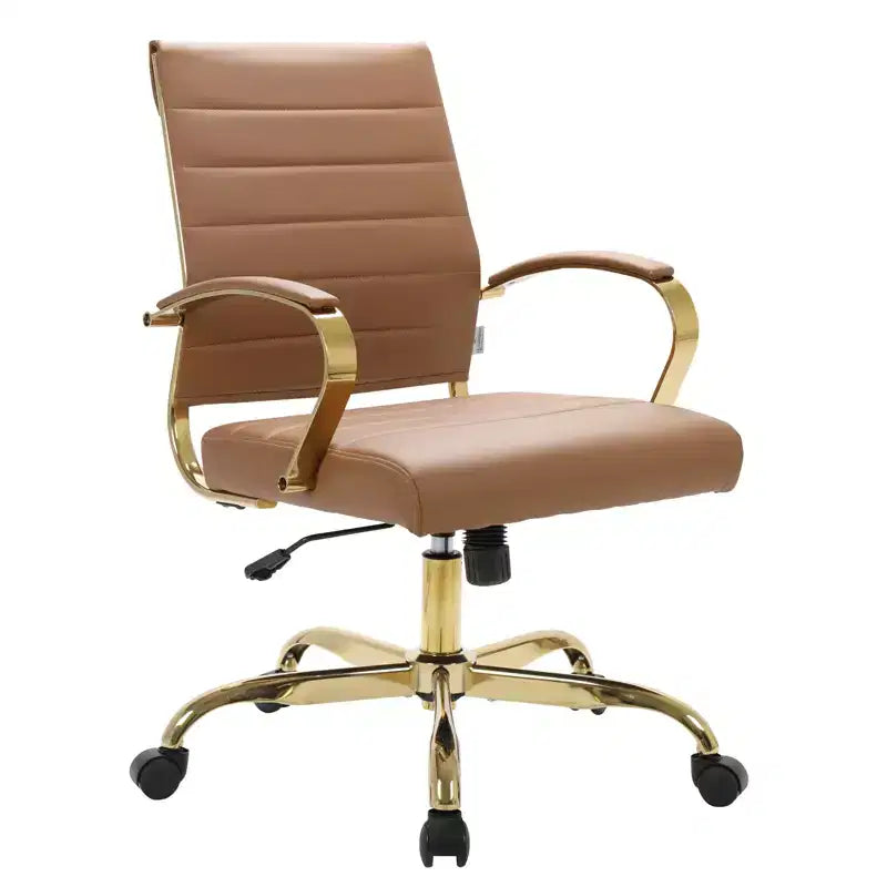 Leather Office Chair with Gold Accents, Adjustable Height, Swivel Base, Ergonomic Design