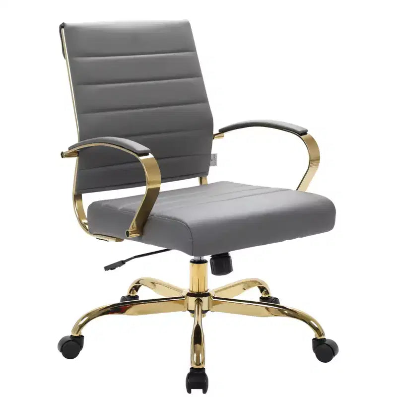Leather Office Chair with Gold Accents, Adjustable Height, Swivel Base, Ergonomic Design