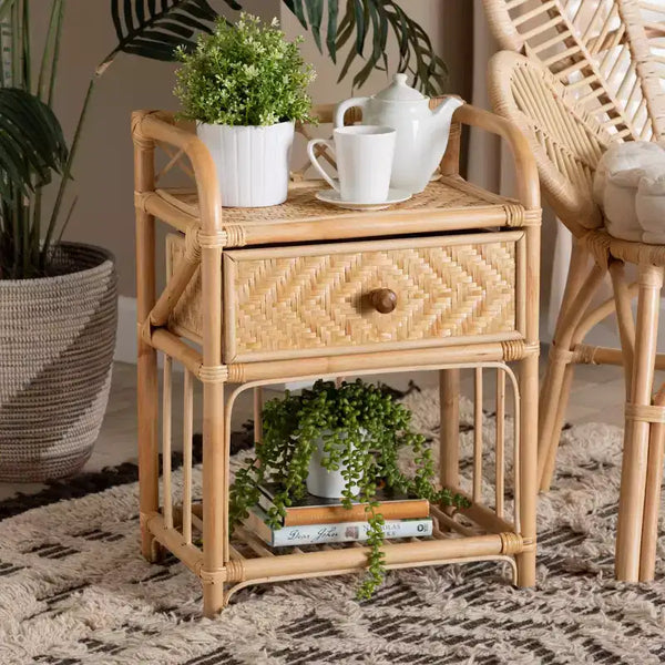 bali & pari Kobie Modern Bohemian Natural Brown Rattan 1-Drawer Nightstand