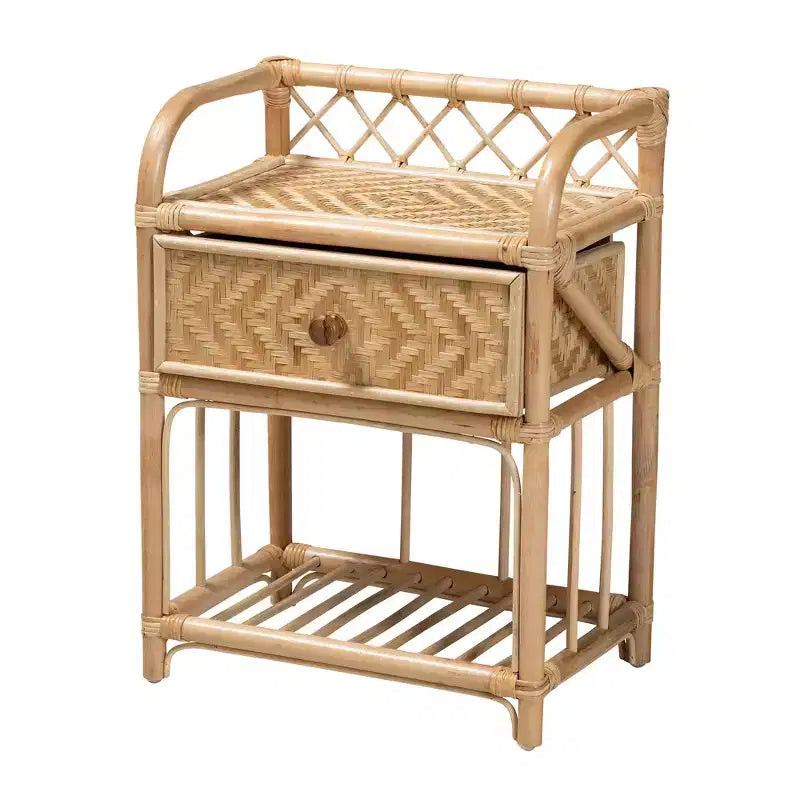 Modern Bohemian Natural Brown Rattan 1-Drawer Nightstand