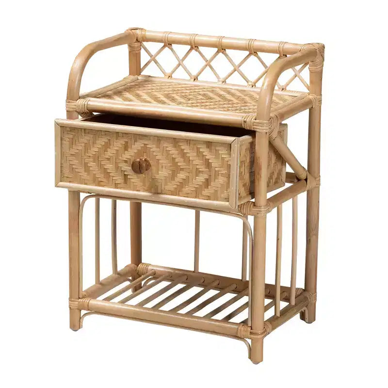 Modern Bohemian Natural Brown Rattan 1-Drawer Nightstand