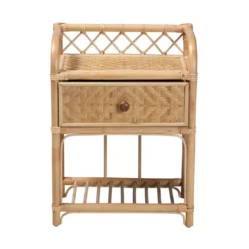 Modern Bohemian Natural Brown Rattan 1-Drawer Nightstand
