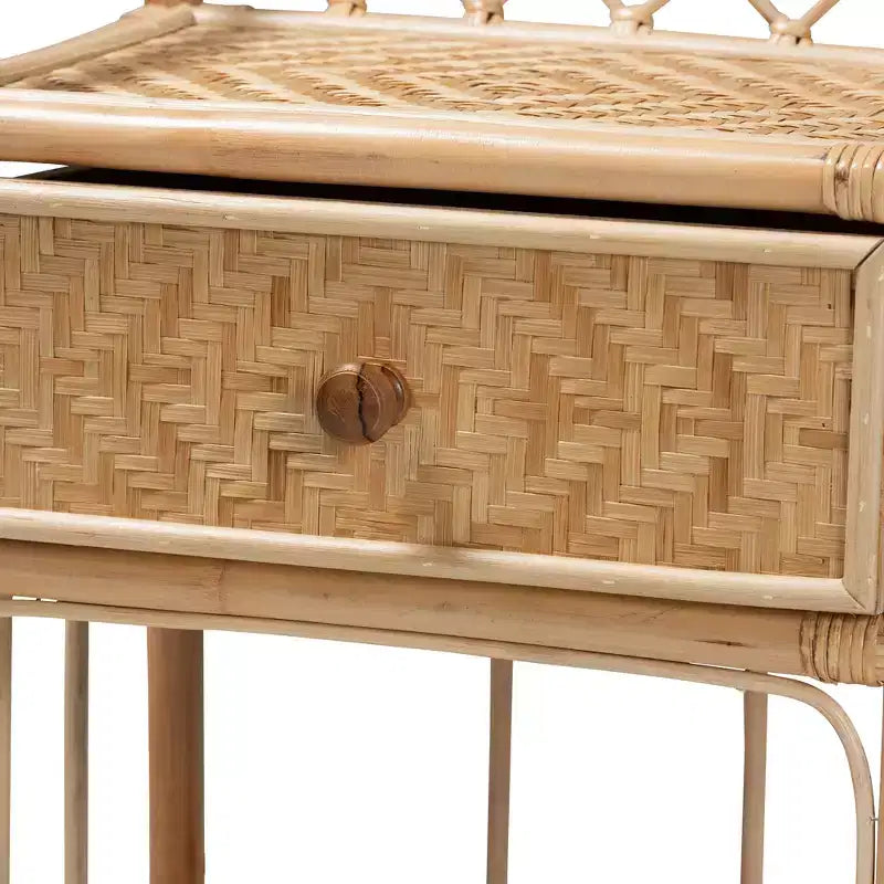 Modern Bohemian Natural Brown Rattan 1-Drawer Nightstand