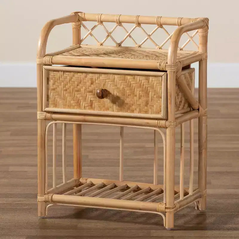 Modern Bohemian Natural Brown Rattan 1-Drawer Nightstand
