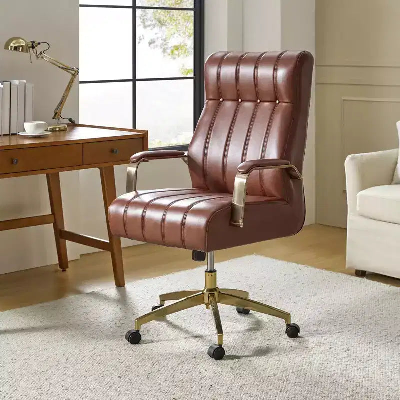 Modern Leather Swivel Tilting Office Chair with Channel Tufted