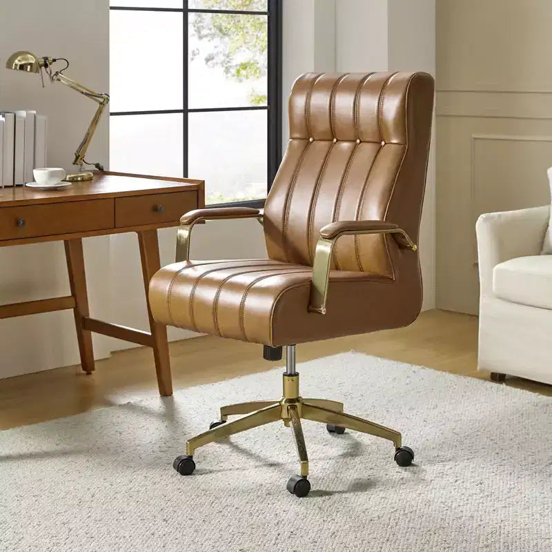 Modern Leather Swivel Tilting Office Chair with Channel Tufted