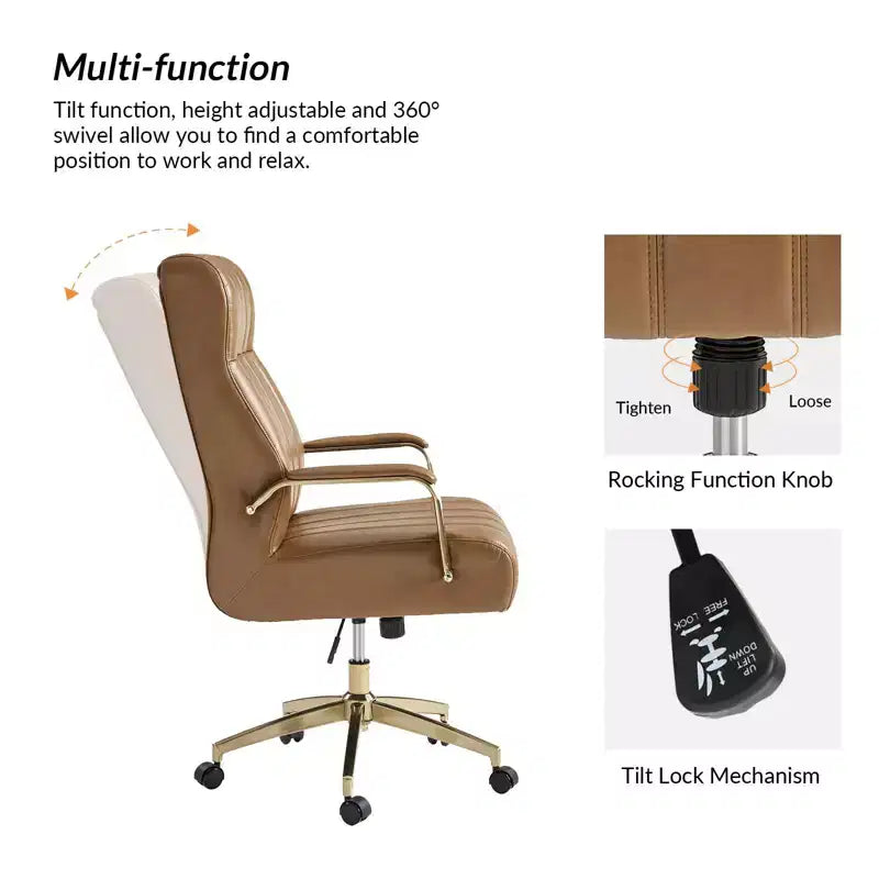 Modern Leather Swivel Tilting Office Chair with Channel Tufted