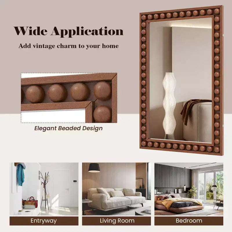 24 x 36 Rustic Decorative Wall Mirror with Solid Wood Frame Beads Brown/White