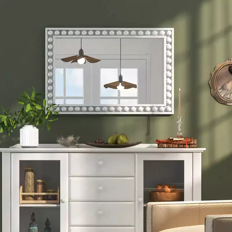24 x 36 Rustic Decorative Wall Mirror with Solid Wood Frame Beads Brown/White