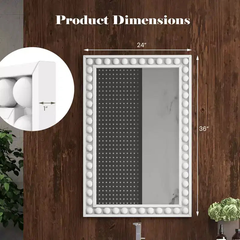 24 x 36 Rustic Decorative Wall Mirror with Solid Wood Frame Beads Brown/White