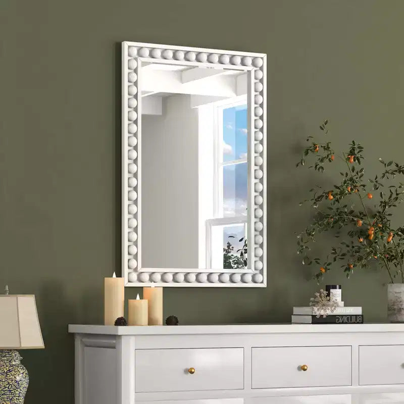24 x 36 Rustic Decorative Wall Mirror with Solid Wood Frame Beads Brown/White