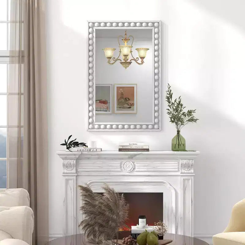 24 x 36 Rustic Decorative Wall Mirror with Solid Wood Frame Beads Brown/White