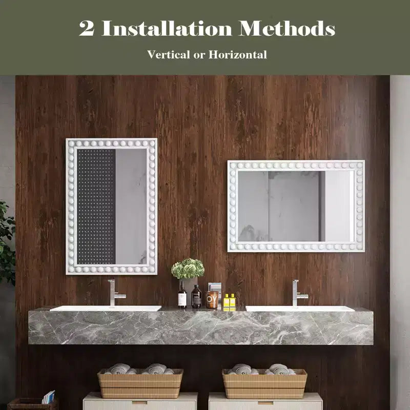 24 x 36 Rustic Decorative Wall Mirror with Solid Wood Frame Beads Brown/White