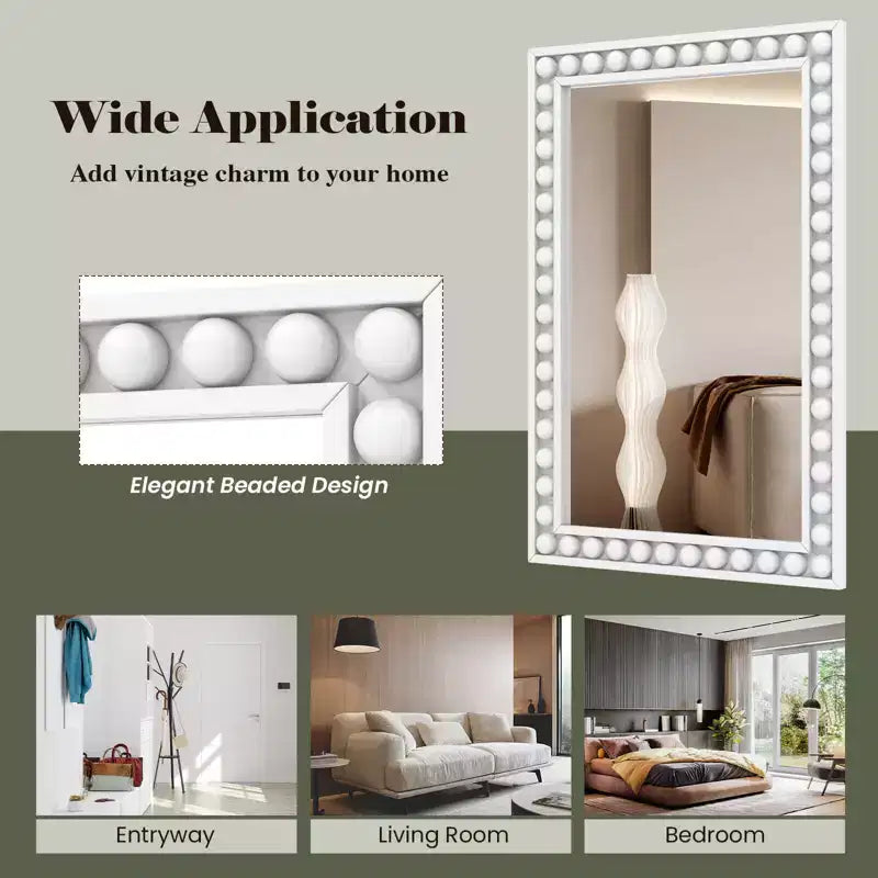 24 x 36 Rustic Decorative Wall Mirror with Solid Wood Frame Beads Brown/White