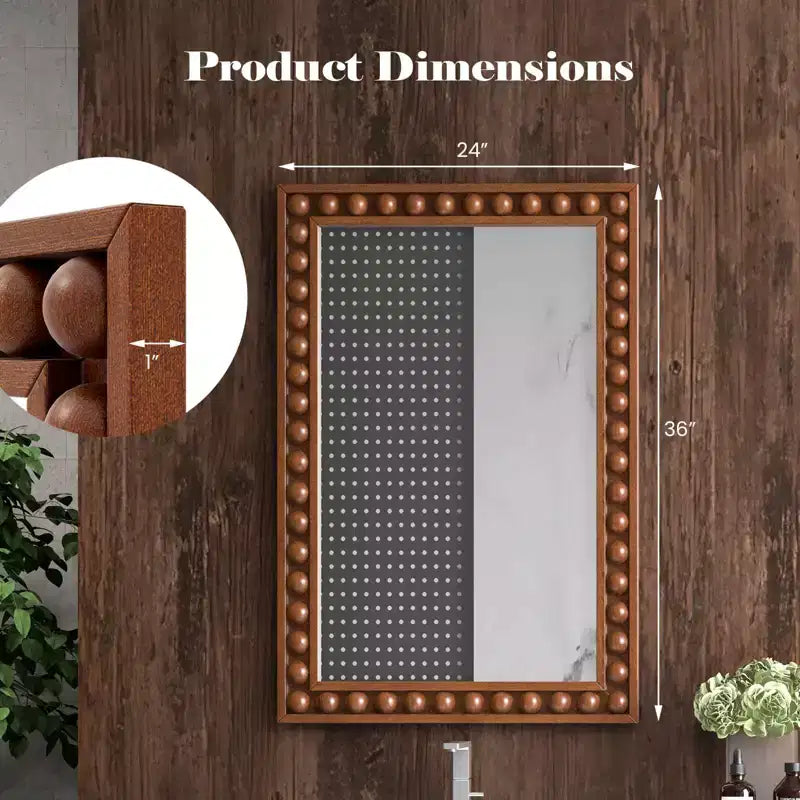24 x 36 Rustic Decorative Wall Mirror with Solid Wood Frame Beads Brown/White