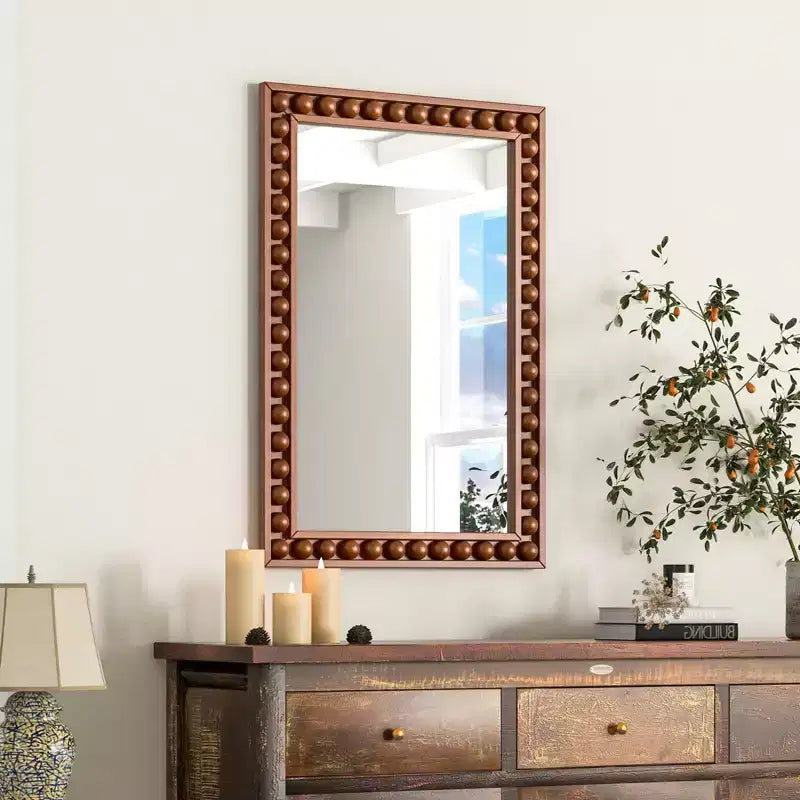 24 x 36 Rustic Decorative Wall Mirror with Solid Wood Frame Beads Brown/White