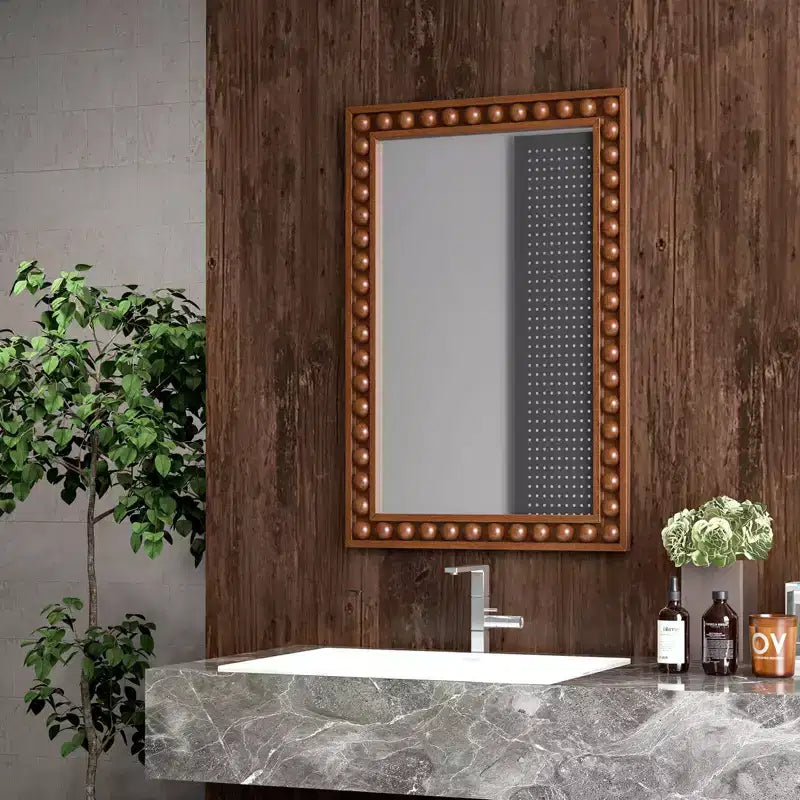 24 x 36 Rustic Decorative Wall Mirror with Solid Wood Frame Beads Brown/White