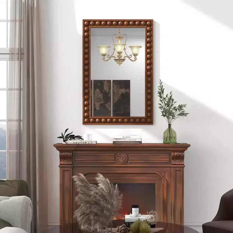 24 x 36 Rustic Decorative Wall Mirror with Solid Wood Frame Beads Brown/White