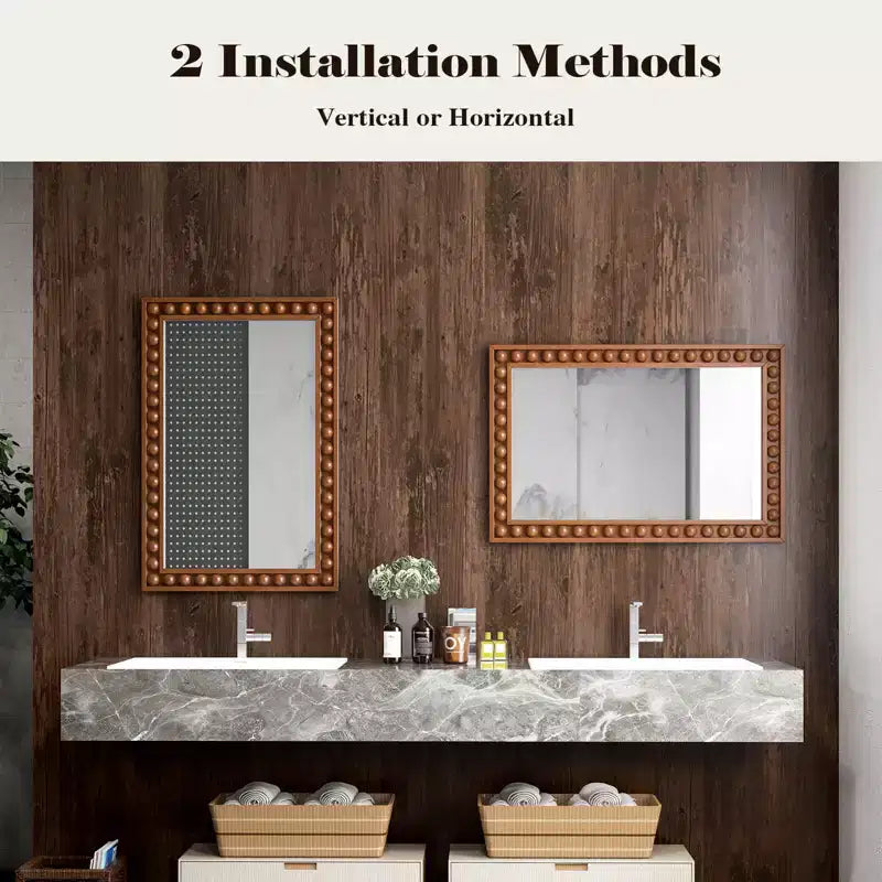 24 x 36 Rustic Decorative Wall Mirror with Solid Wood Frame Beads Brown/White