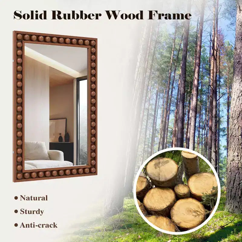 24 x 36 Rustic Decorative Wall Mirror with Solid Wood Frame Beads Brown/White