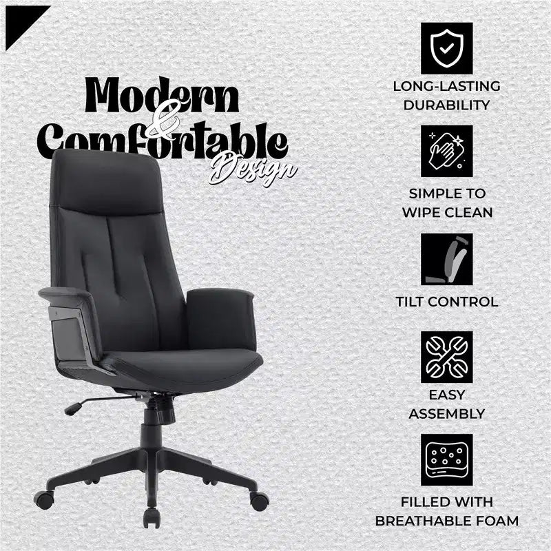 Ergonomic Leather High-Back Office Chair — Adjustable Height, Swivel & Tilt, Armrests, Modern Desk Chair for Home Office