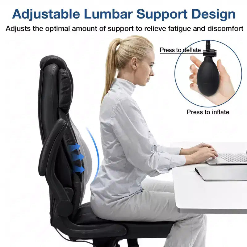 Leather Reclining Office Chair, Ergonomic Swivel Chair with Inflatable Lumbar Support & Armrest