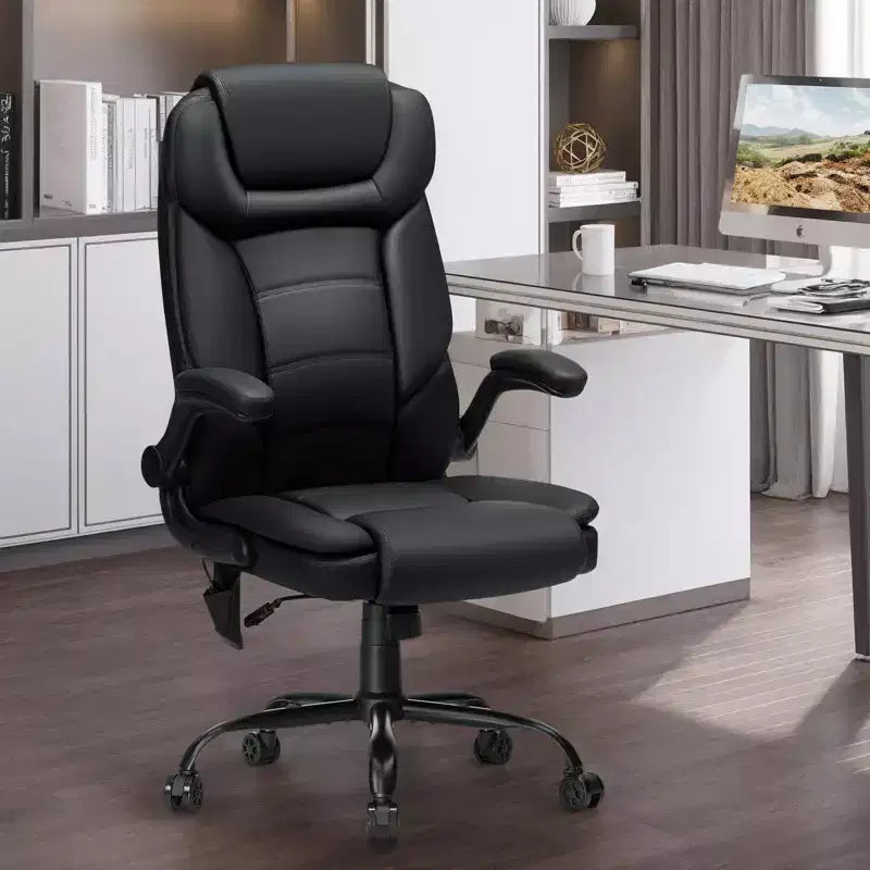 Leather Reclining Office Chair, Ergonomic Swivel Chair with Inflatable Lumbar Support & Armrest
