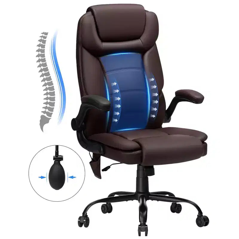 Leather Reclining Office Chair, Ergonomic Swivel Chair with Inflatable Lumbar Support & Armrest