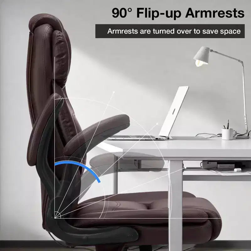 Leather Reclining Office Chair, Ergonomic Swivel Chair with Inflatable Lumbar Support & Armrest