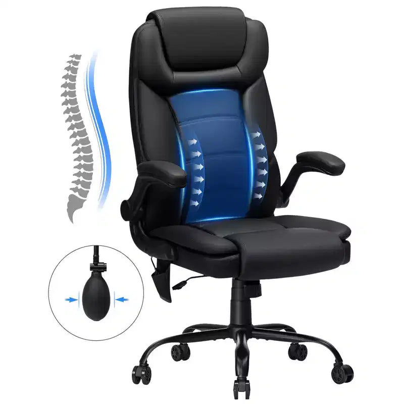 Leather Reclining Office Chair, Ergonomic Swivel Chair with Inflatable Lumbar Support & Armrest