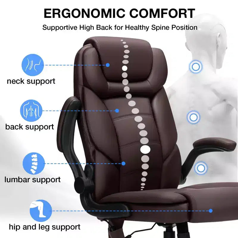 Leather Reclining Office Chair, Ergonomic Swivel Chair with Inflatable Lumbar Support & Armrest