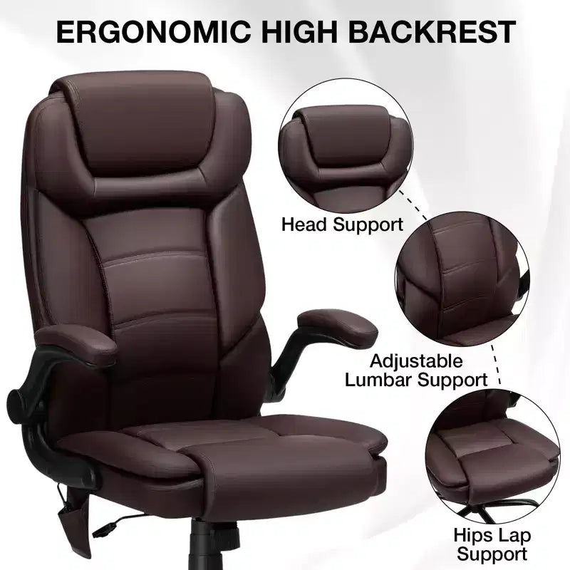 Leather Reclining Office Chair, Ergonomic Swivel Chair with Inflatable Lumbar Support & Armrest