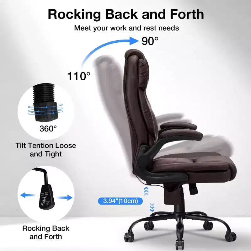 Leather Reclining Office Chair, Ergonomic Swivel Chair with Inflatable Lumbar Support & Armrest