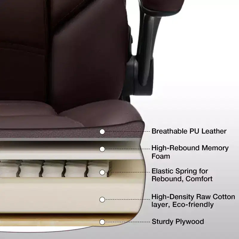 Leather Reclining Office Chair, Ergonomic Swivel Chair with Inflatable Lumbar Support & Armrest