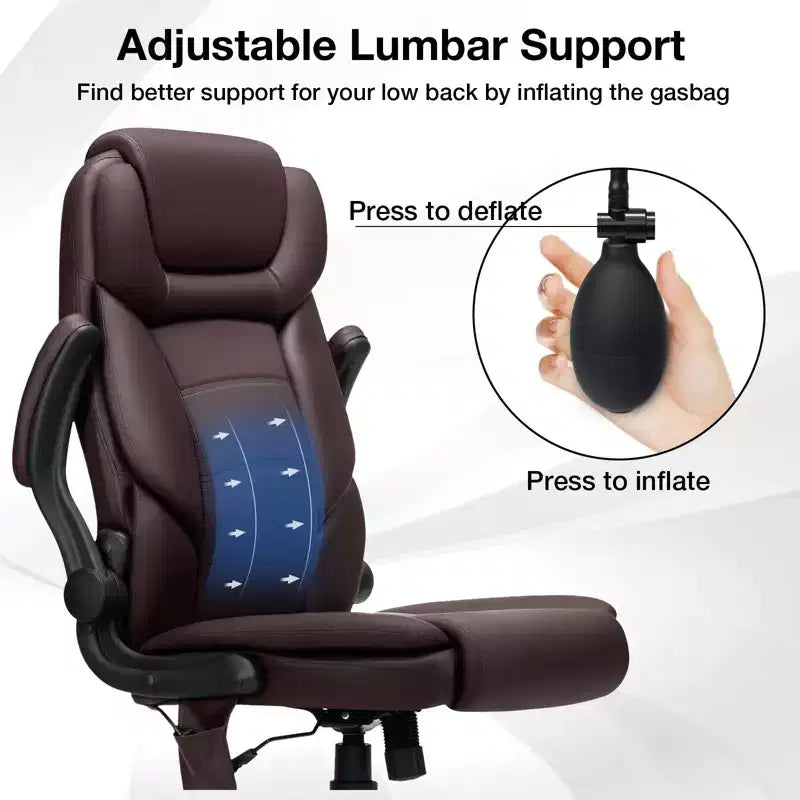 Leather Reclining Office Chair, Ergonomic Swivel Chair with Inflatable Lumbar Support & Armrest
