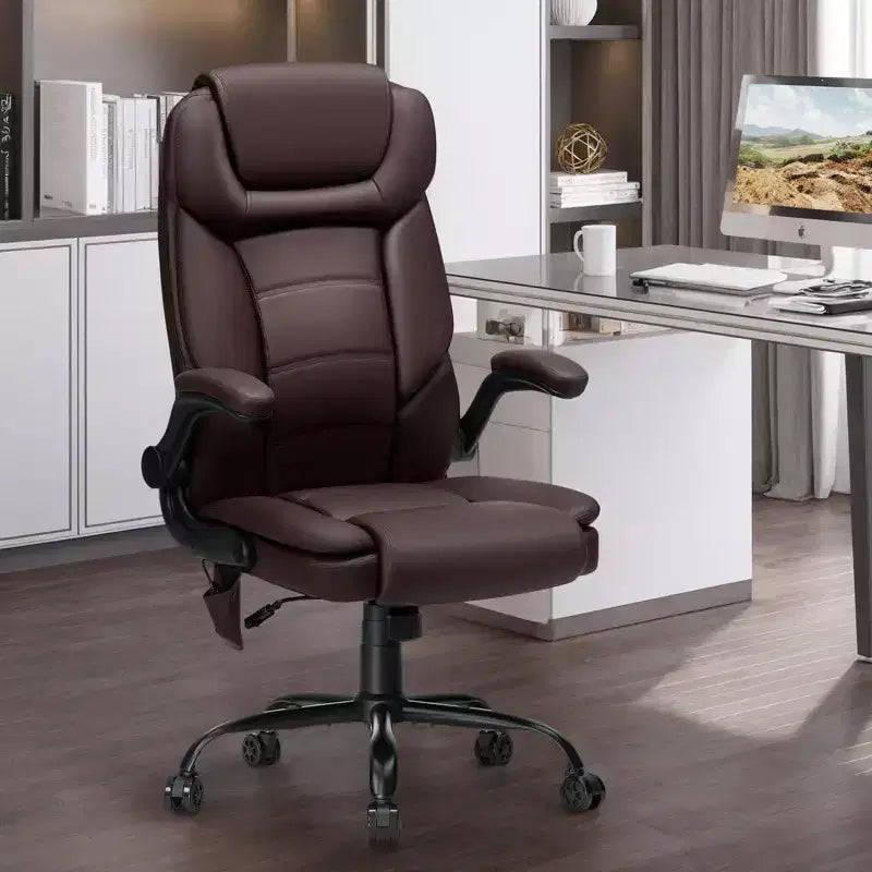 Leather Reclining Office Chair, Ergonomic Swivel Chair with Inflatable Lumbar Support & Armrest