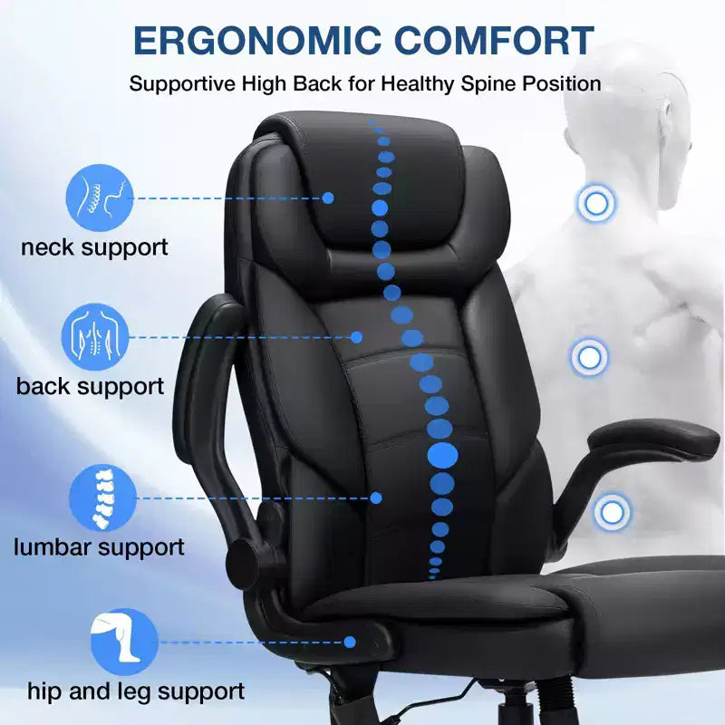 Leather Reclining Office Chair, Ergonomic Swivel Chair with Inflatable Lumbar Support & Armrest