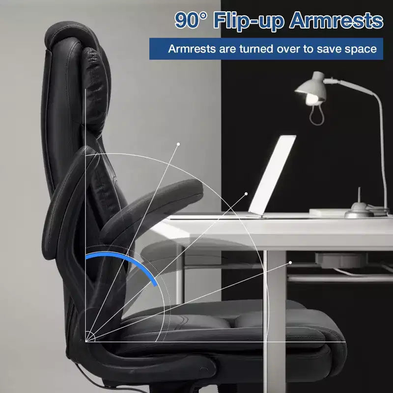 Leather Reclining Office Chair, Ergonomic Swivel Chair with Inflatable Lumbar Support & Armrest