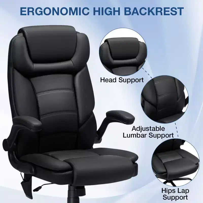 Leather Reclining Office Chair, Ergonomic Swivel Chair with Inflatable Lumbar Support & Armrest