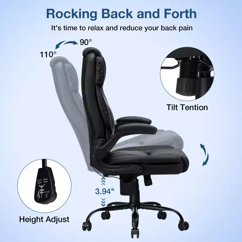 Leather Reclining Office Chair, Ergonomic Swivel Chair with Inflatable Lumbar Support & Armrest