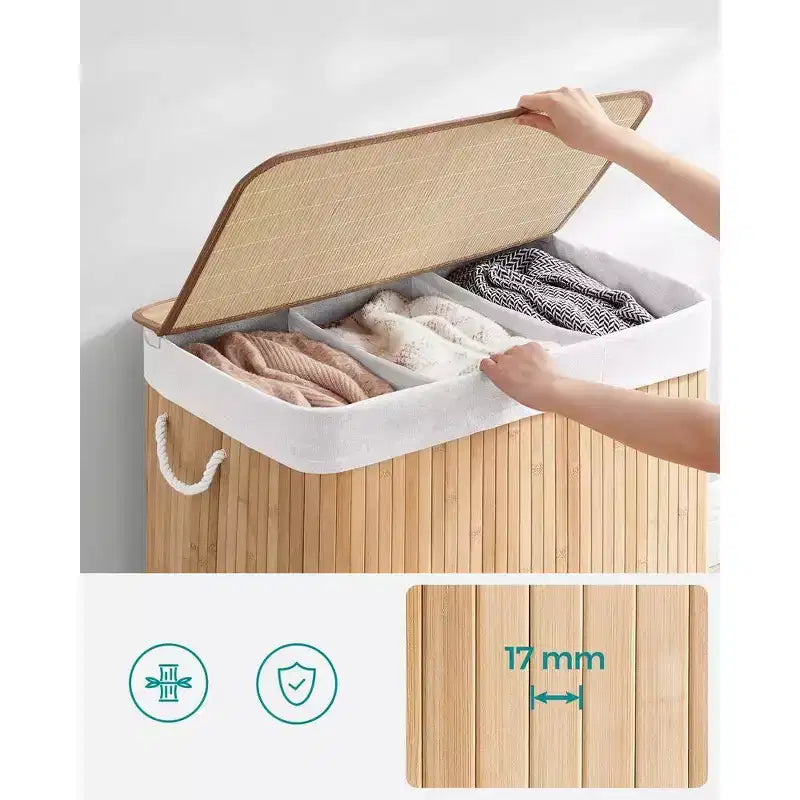 39.6Gal (150L) Laundry Hamper, 3-Section Laundry Basket with Lid, Bamboo, Foldable