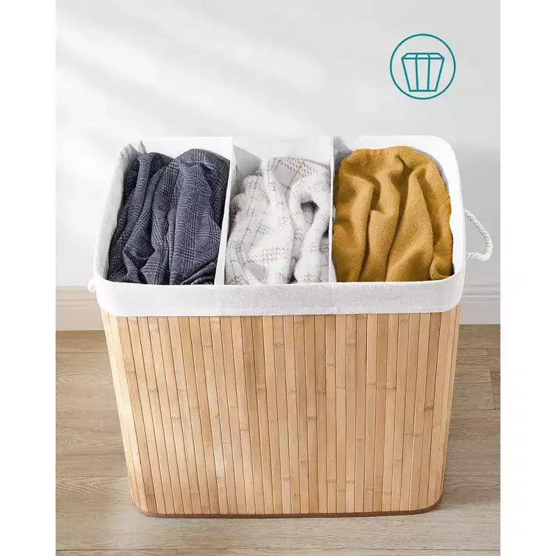 39.6Gal (150L) Laundry Hamper, 3-Section Laundry Basket with Lid, Bamboo, Foldable