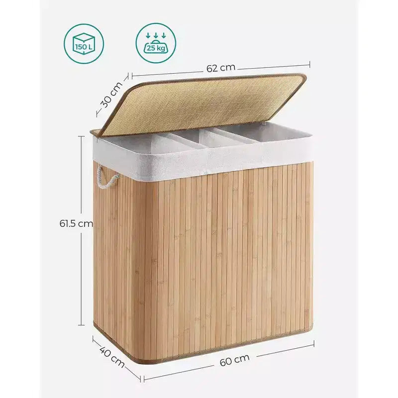 39.6Gal (150L) Laundry Hamper, 3-Section Laundry Basket with Lid, Bamboo, Foldable
