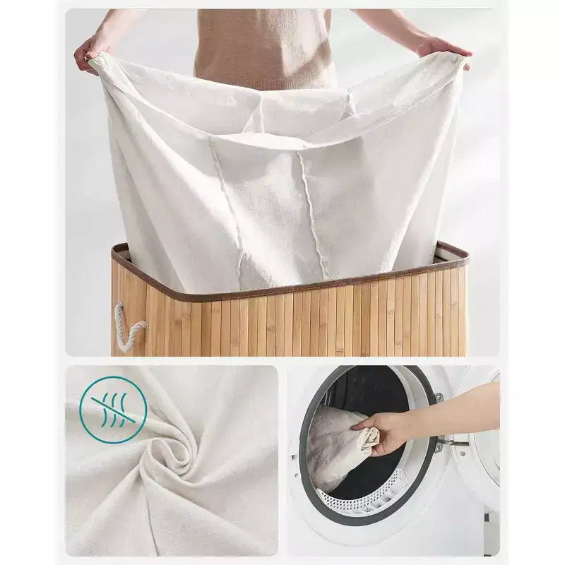 39.6Gal (150L) Laundry Hamper, 3-Section Laundry Basket with Lid, Bamboo, Foldable