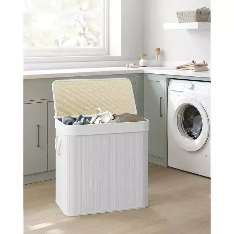 39.6Gal (150L) Laundry Hamper, 3-Section Laundry Basket with Lid, Bamboo, Foldable