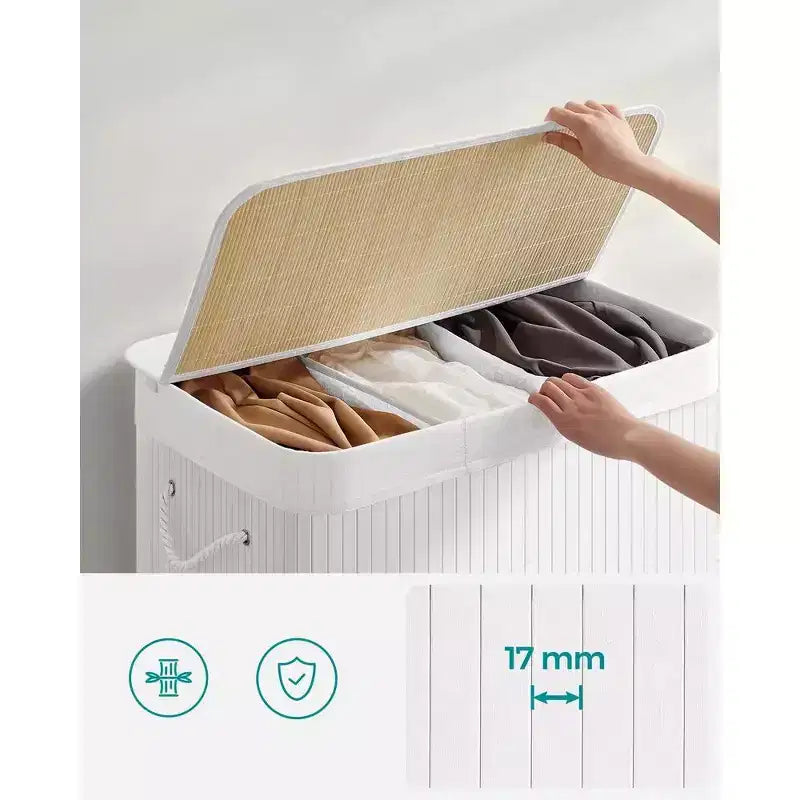 39.6Gal (150L) Laundry Hamper, 3-Section Laundry Basket with Lid, Bamboo, Foldable