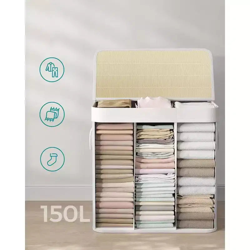 39.6Gal (150L) Laundry Hamper, 3-Section Laundry Basket with Lid, Bamboo, Foldable