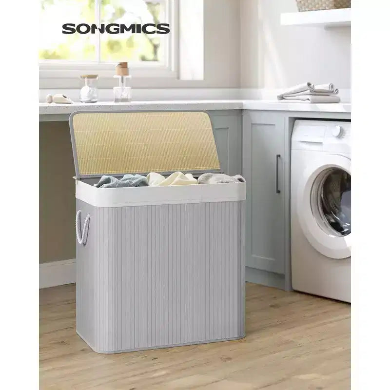 39.6Gal (150L) Laundry Hamper, 3-Section Laundry Basket with Lid, Bamboo, Foldable
