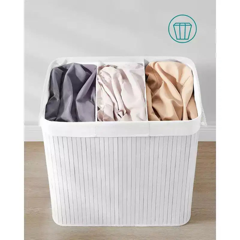 39.6Gal (150L) Laundry Hamper, 3-Section Laundry Basket with Lid, Bamboo, Foldable