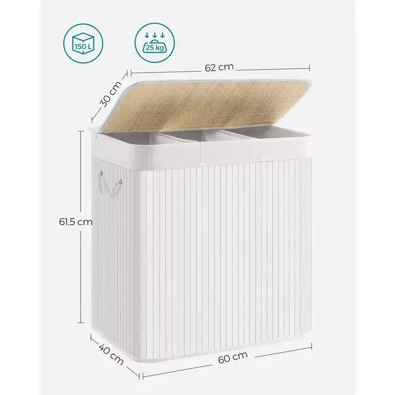 39.6Gal (150L) Laundry Hamper, 3-Section Laundry Basket with Lid, Bamboo, Foldable